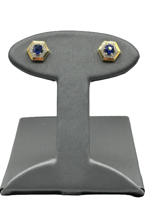Hexagon Shape Blue Sapphire Studs With Diamond Halo