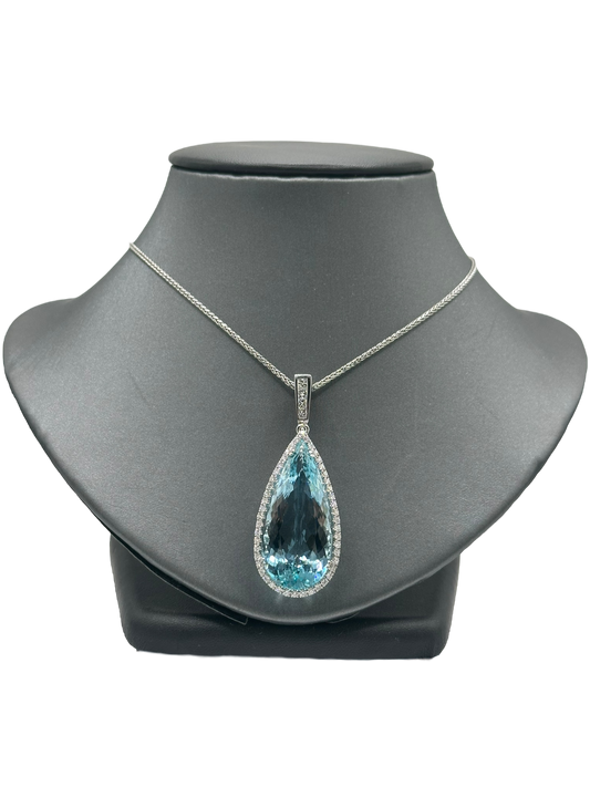 Pear Shape Aquamarine Necklace With Diamond Halo