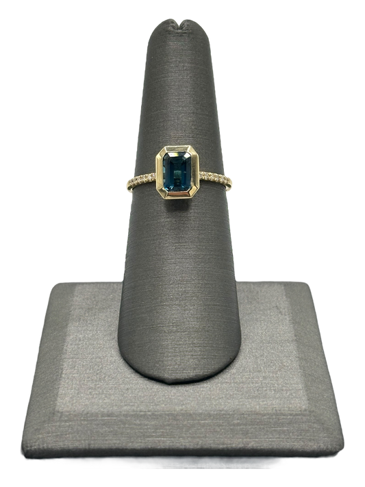 Emerald Cut London Blue Topaz Ring Set East to West With Diamonds