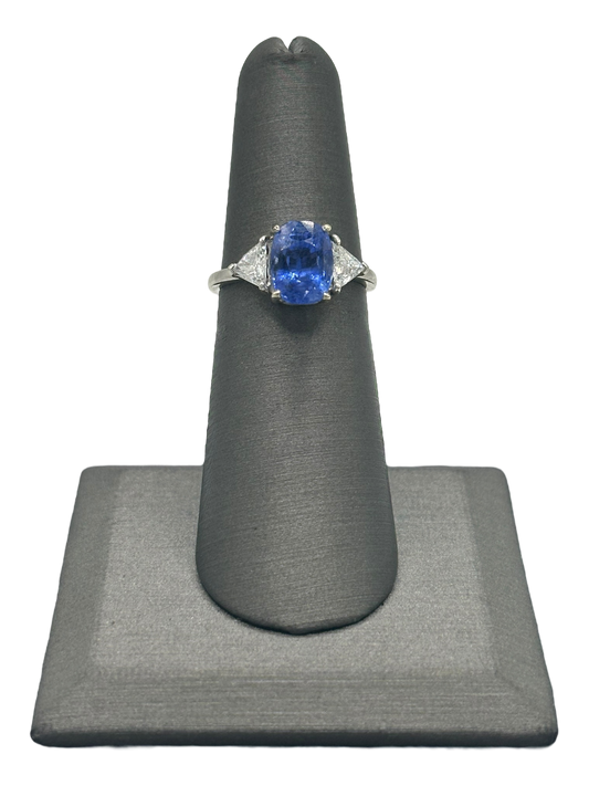 Certified Non Heat Treated Oval Ceylon Sapphire Ring With Two Trillion Cut Diamonds