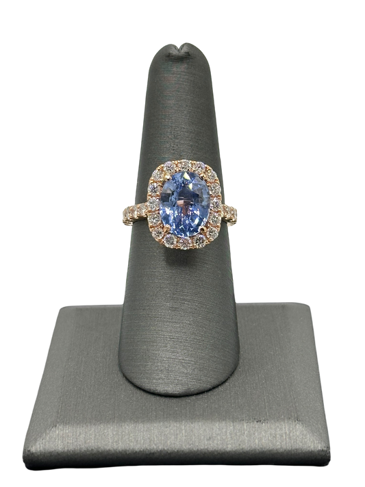 5.12ct Oval Cut Ceylon Sapphire Ring With Diamond Halo & Diamonds Down Shank