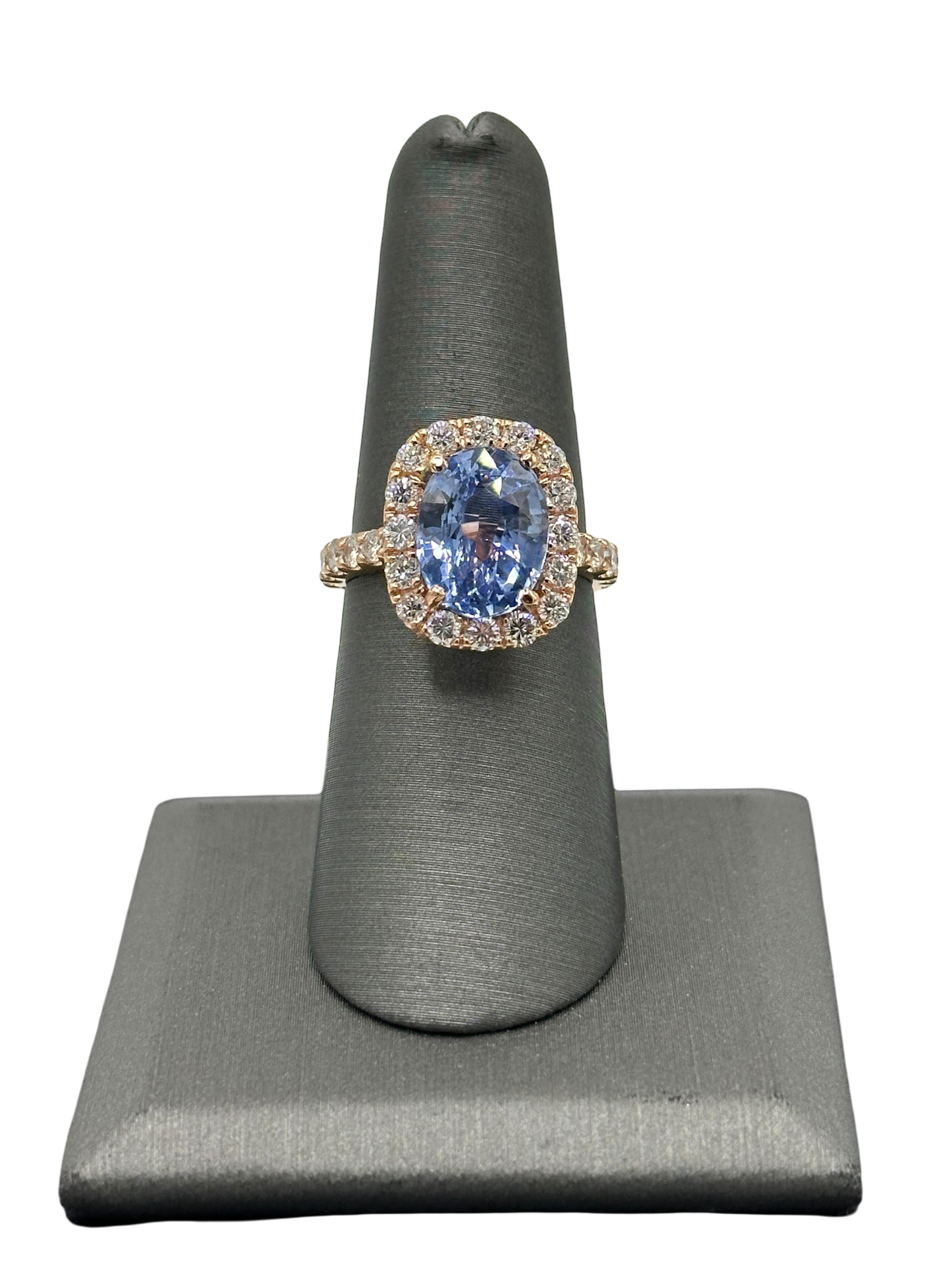 5.12ct Oval Cut Ceylon Sapphire Ring With Diamond Halo & Diamonds Down Shank