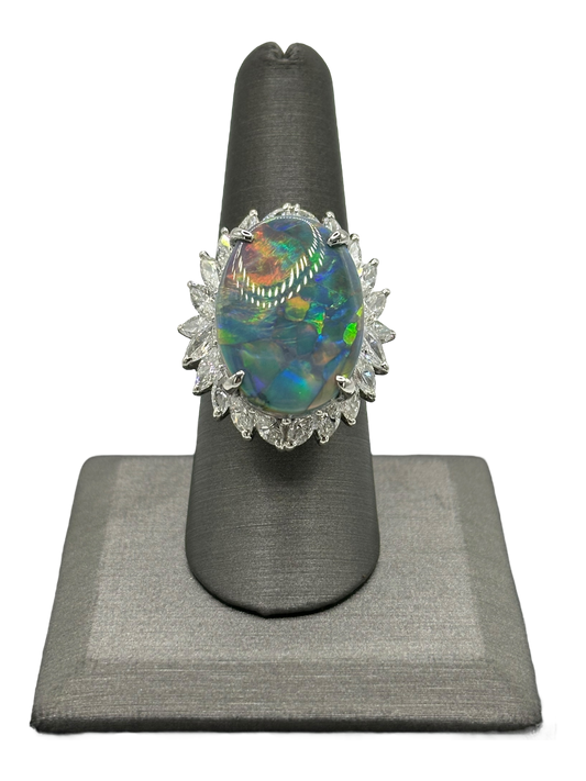 Lightning Ridge Black Opal Ring With Marquise Cut Diamonds