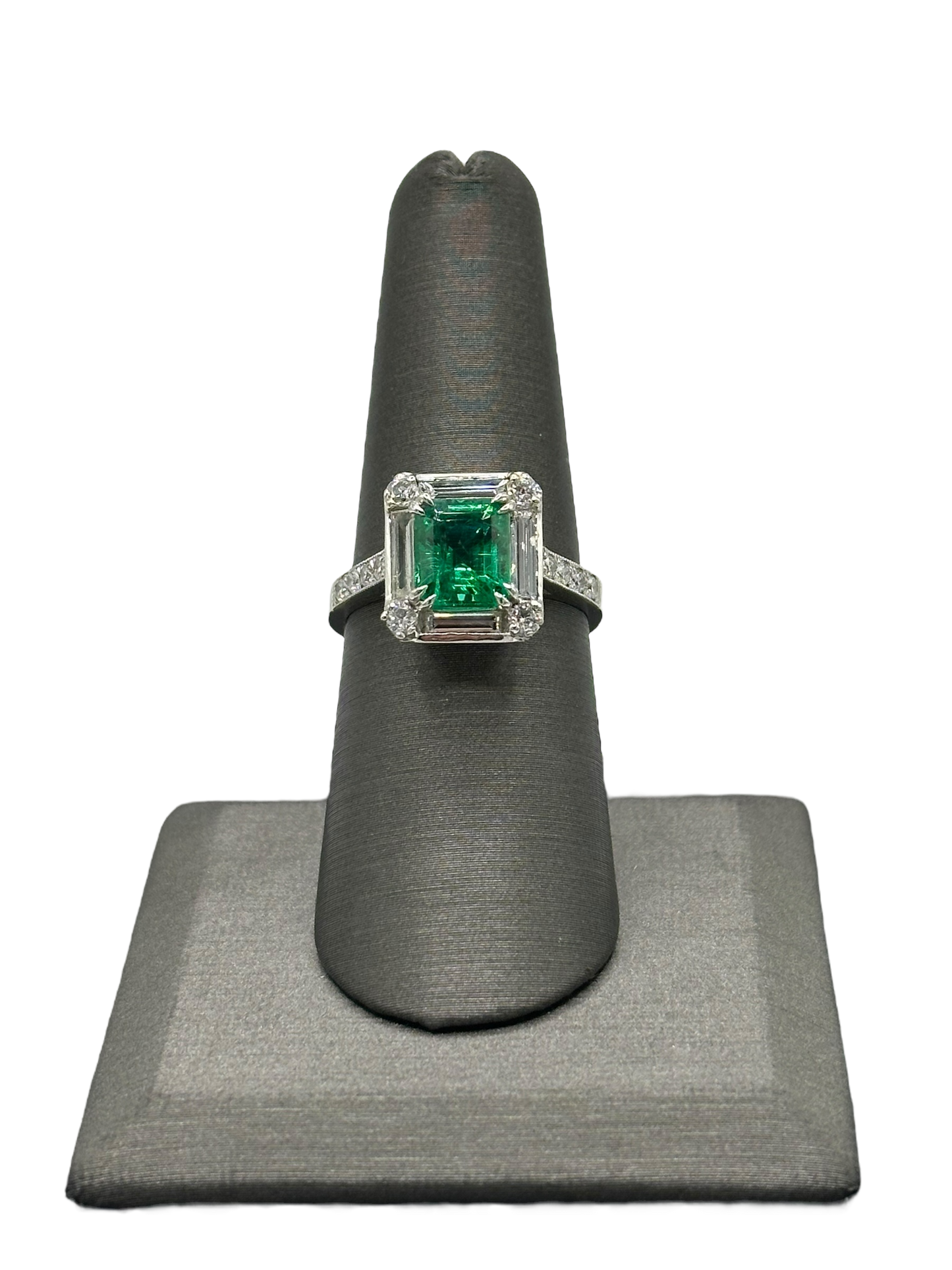 Zambian Emerald Ring With Baguette & Round Cut Diamonds