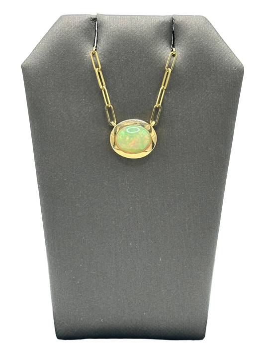 Bezel Set Opal Pendant With Paperclip Chain
