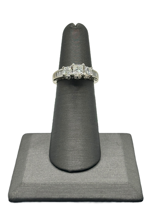 3 Princess Cut Diamonds Bridal Ring With Baguettes Down the Shank