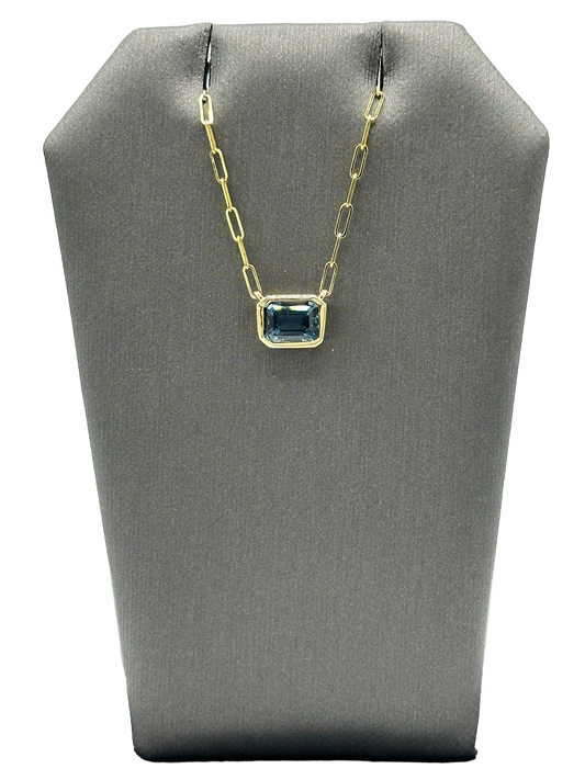 Emerald Cut London Blue Topaz Pendant With Paperclip Link Chain