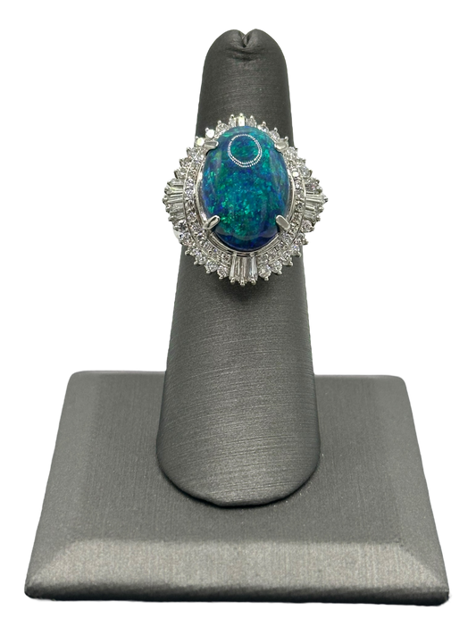 Lightning Ridge Opal  Ring With Baguette & Round Cut Diamonds