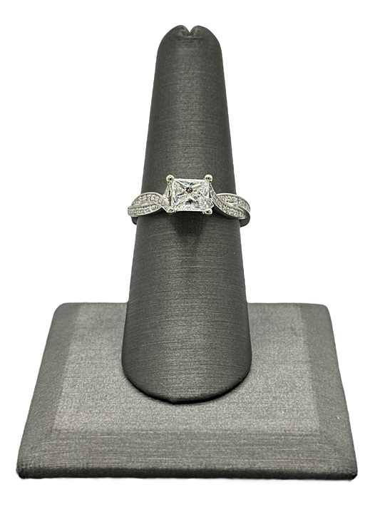 Elongated Princess Cut Diamond Bridal Ring With Diamonds Down Crossover Shank