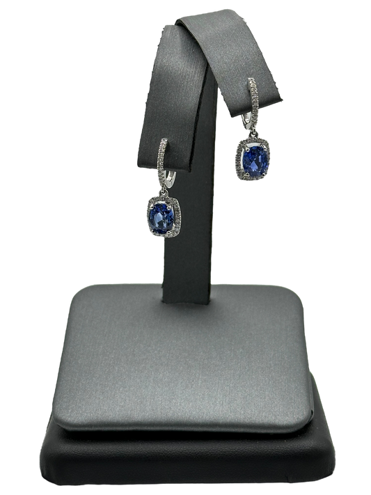Oval Sapphire Dangles With Diamond Halo & Diamonds Down Hoops