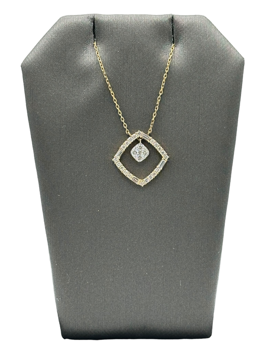 Diamond Shape Pendant With Baguette & Round Diamond Border & Center Diamond Cluster Set Dangle