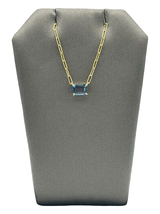 Emerald Cut London Blue Topaz Pendant With  Paperclip Chain