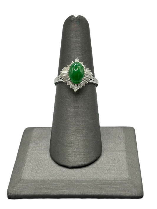 Green Jadeite Ring With Marquise, Round & Tapered Baguette Cut Diamonds