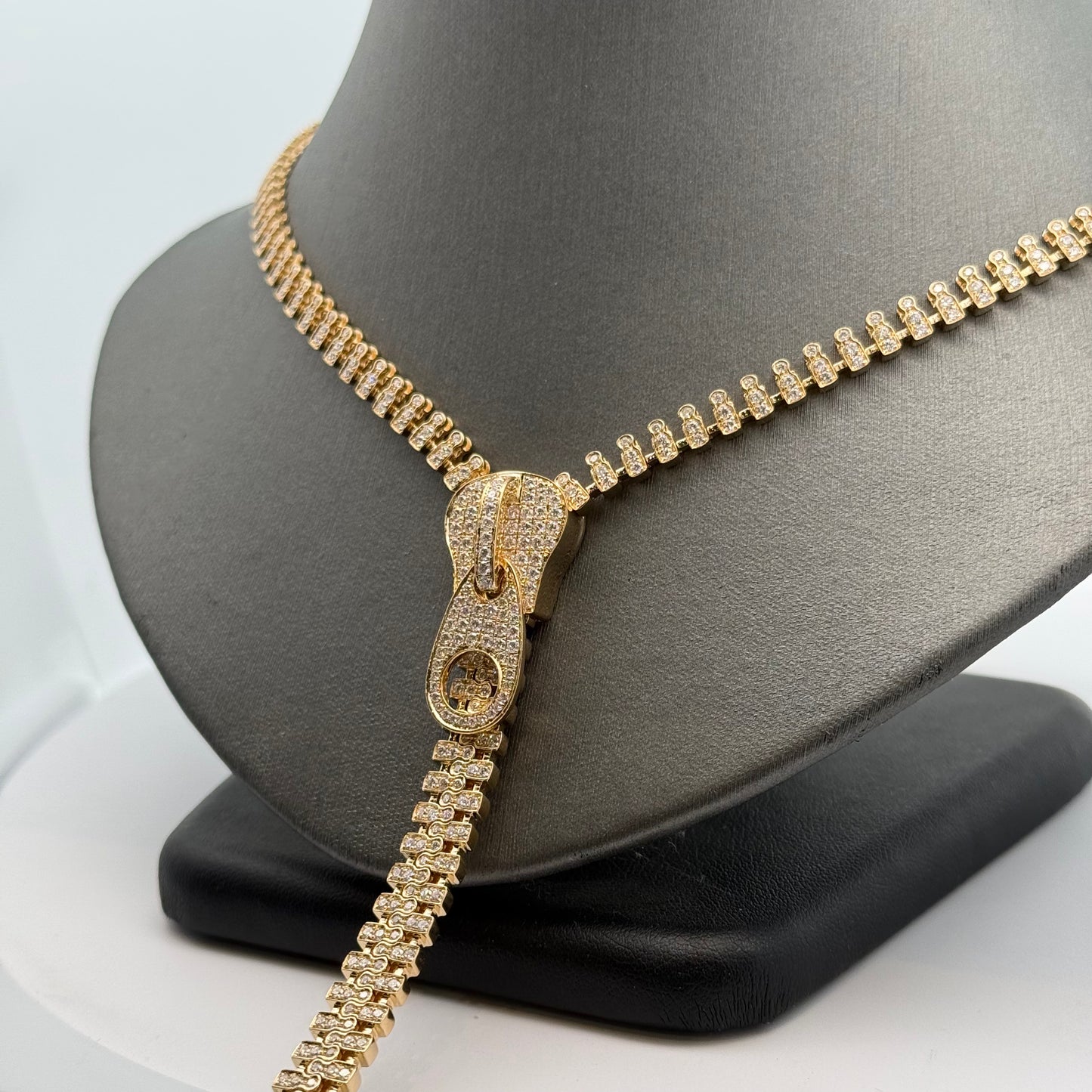 A Yellow Gold Zipper Necklace with natural Diamonds that works as a zipper at Forever Rox Fine Jewelry, Lake Tahoes Best Jewelry Store