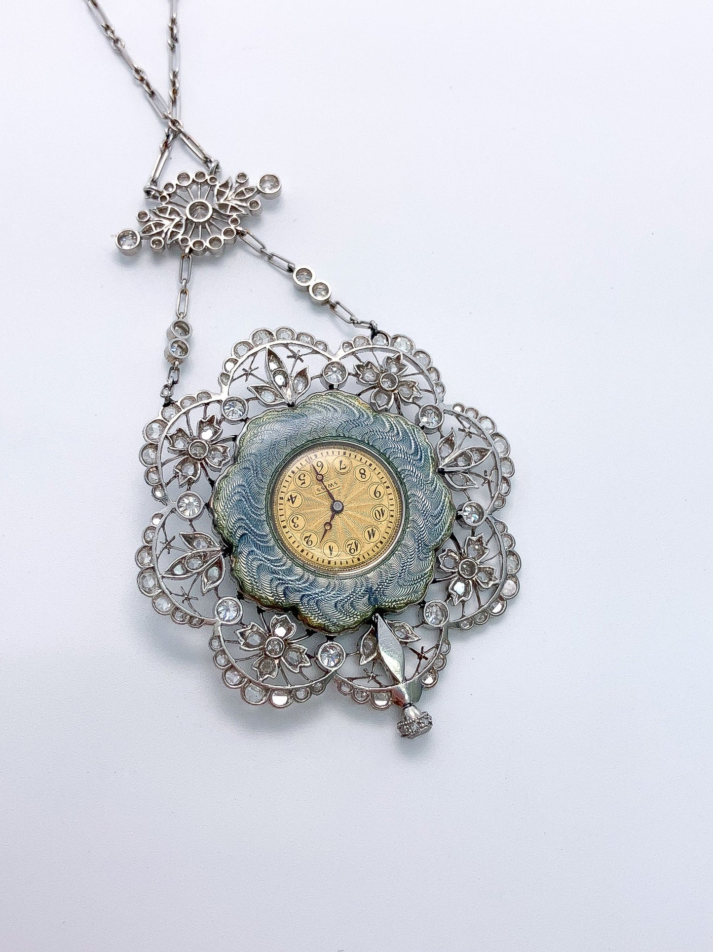Belle Epoque Guilloche Enamel & Diamond Watch Pendant & Chain, Platinum - Forever Rox Fine Jewelry