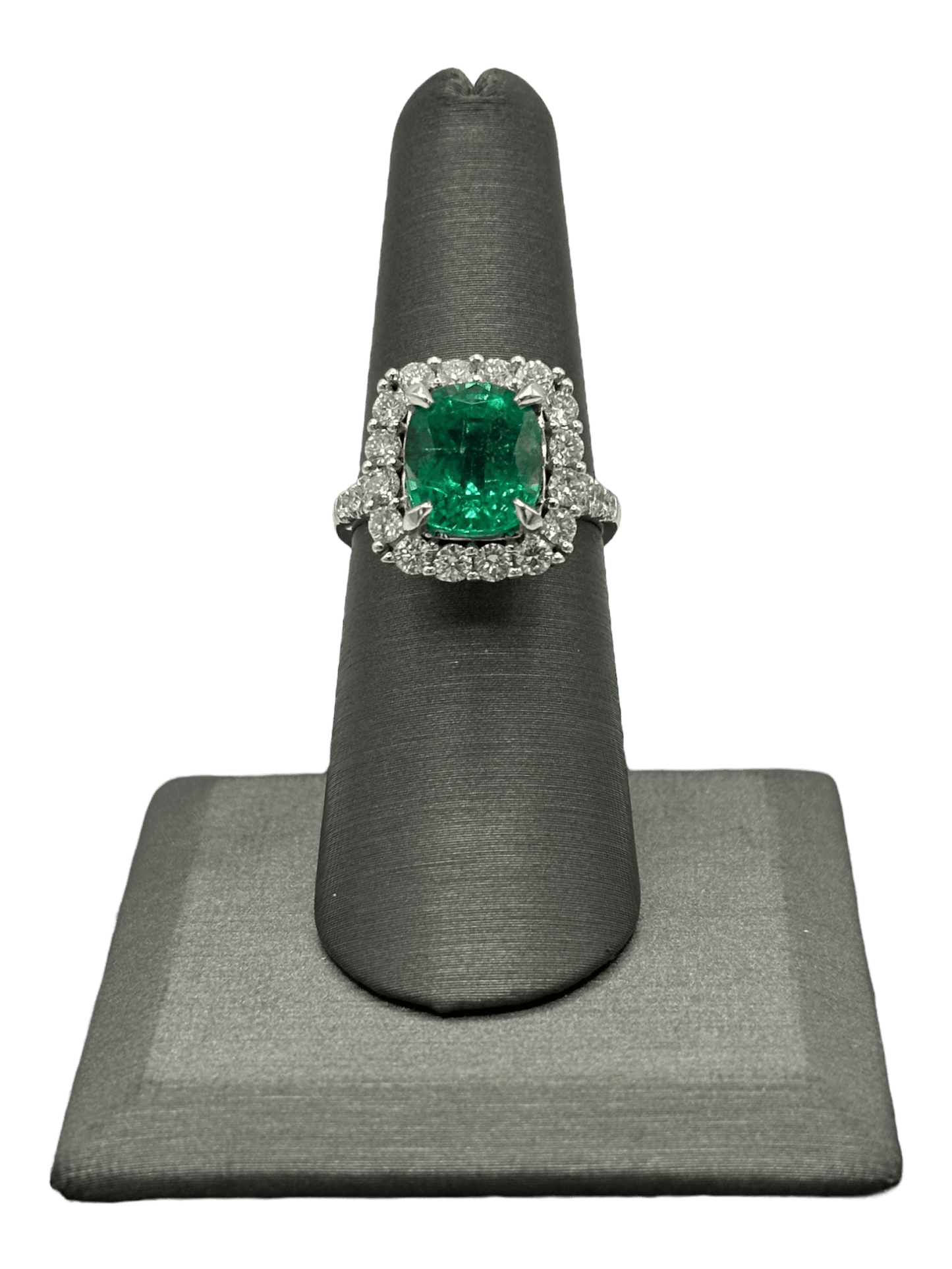 Cushion Cut Emerald Ring With Diamond Halo & Diamond Down Shank - Forever Rox