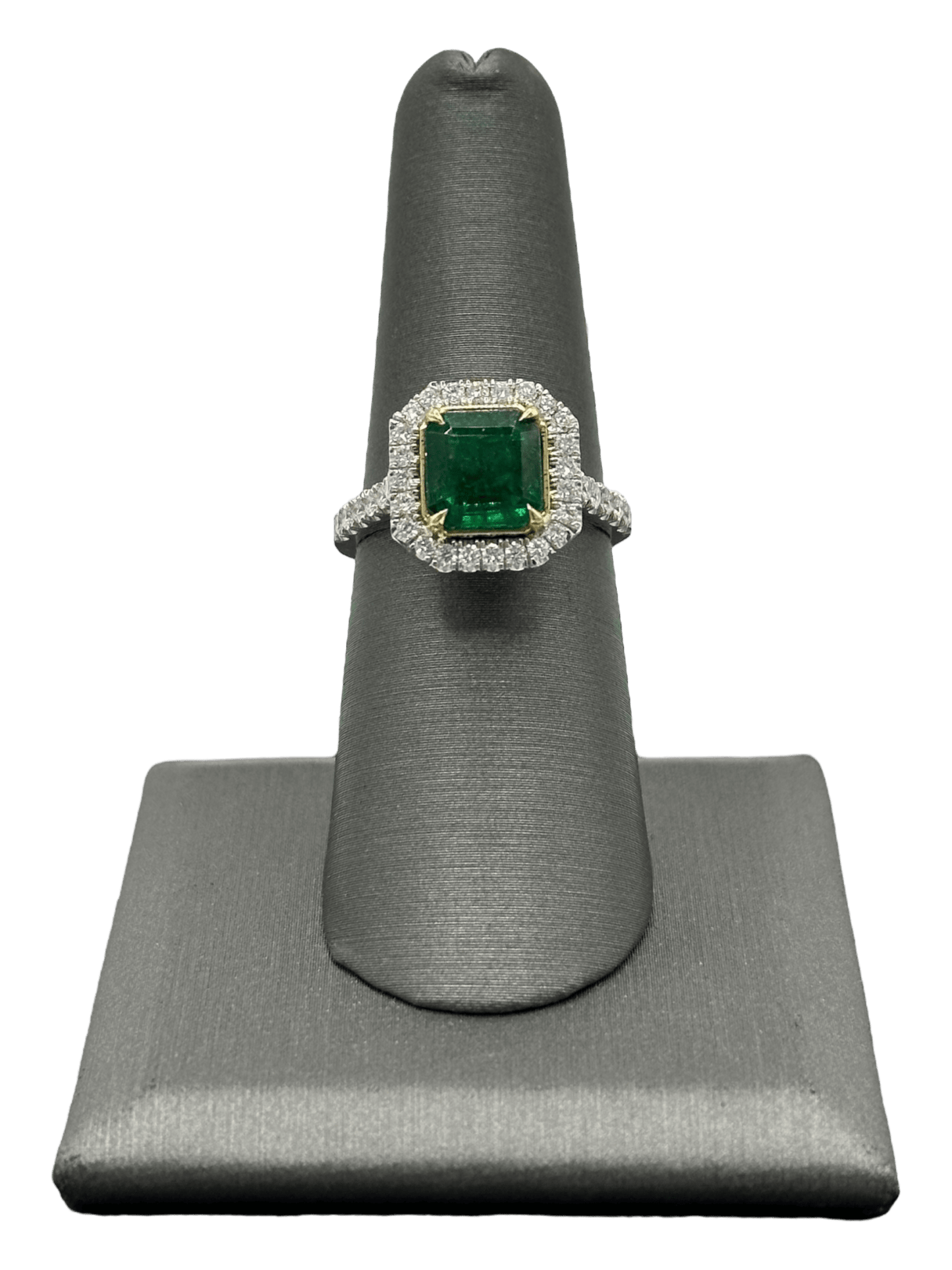 Cushion Cut Emerald Ring With Diamond Halo, Diamonds Down Band & Diamond Basket - Forever Rox