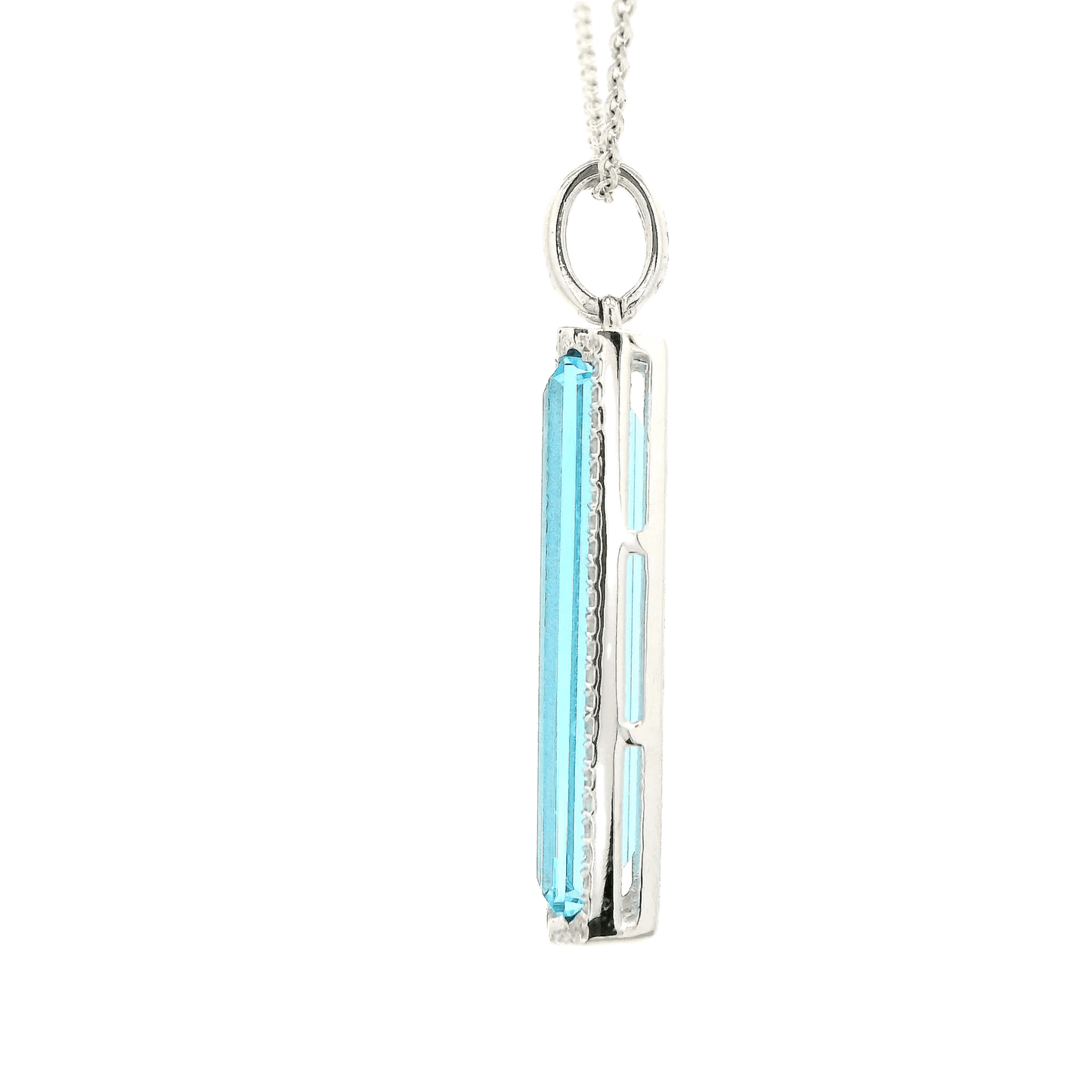 Enlongated Emerald Cut Swiss Blue Topaz & Diamond Pendant - Forever Rox