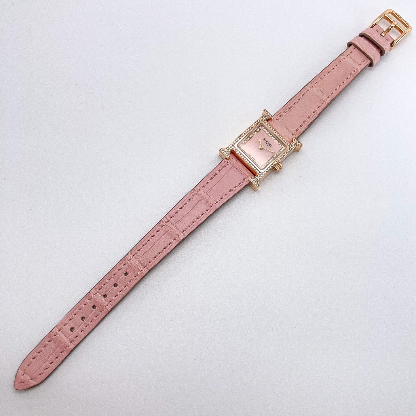 Pink Mini Heure H Diamond Bezel Watch by Hermes, 18k - Forever Rox