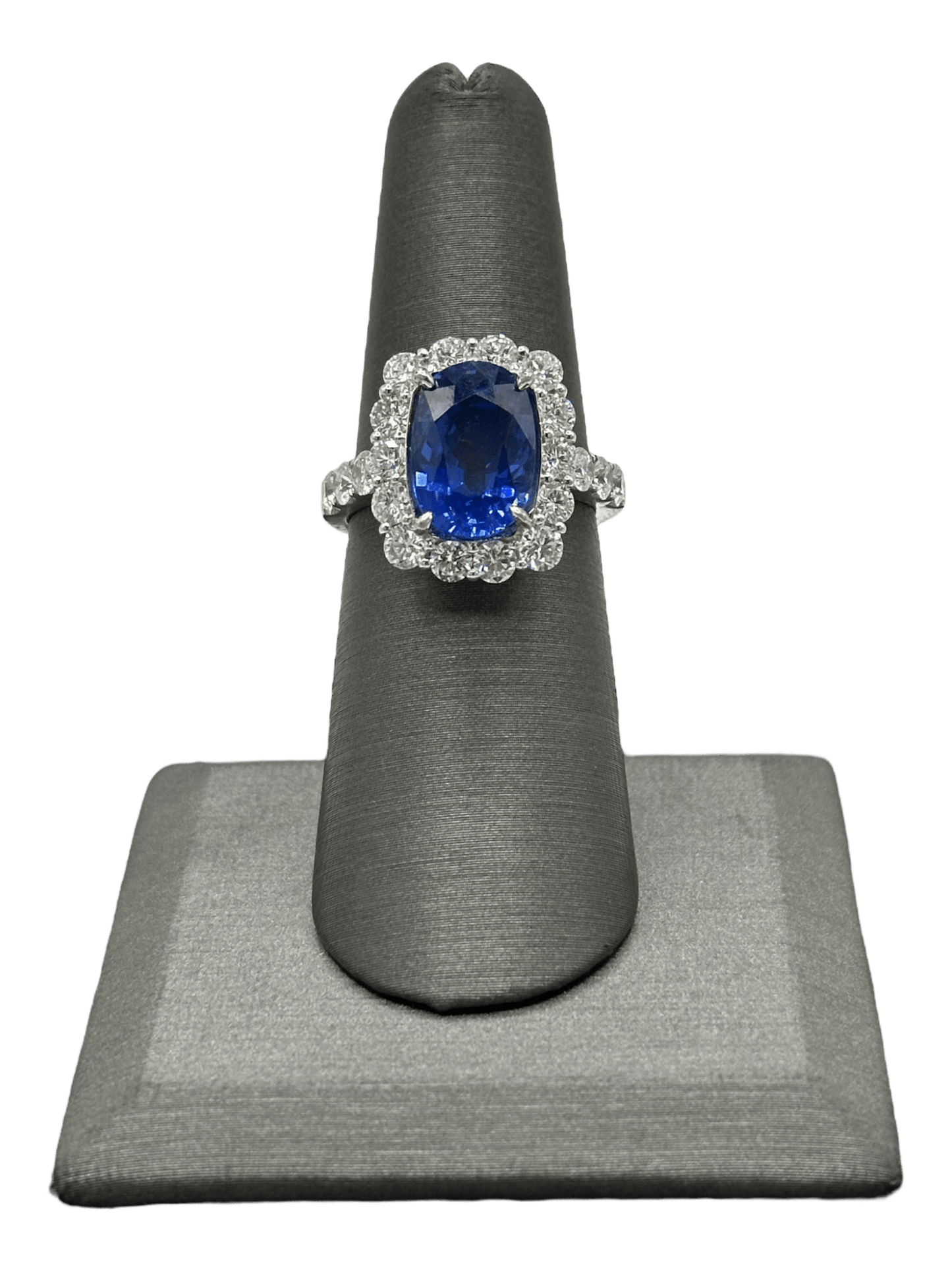 Rectangular Cushion Cut Ceylon Sapphire Ring With Diamond Halo & Diamonds Down Shank - Forever Rox