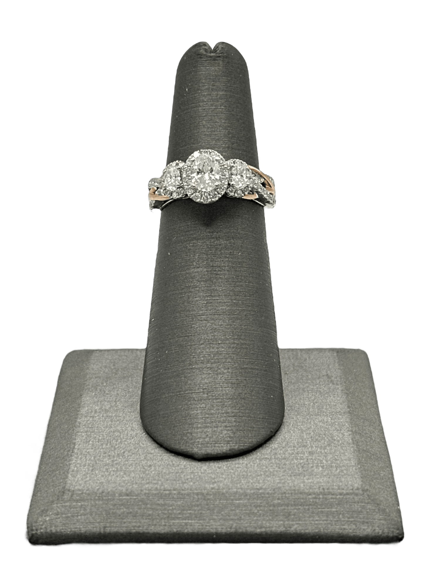 Vera Wang Signed Bridal Ring With Three Oval Diamonds With Diamond Halos & Diamonds Down Shaft - Forever Rox