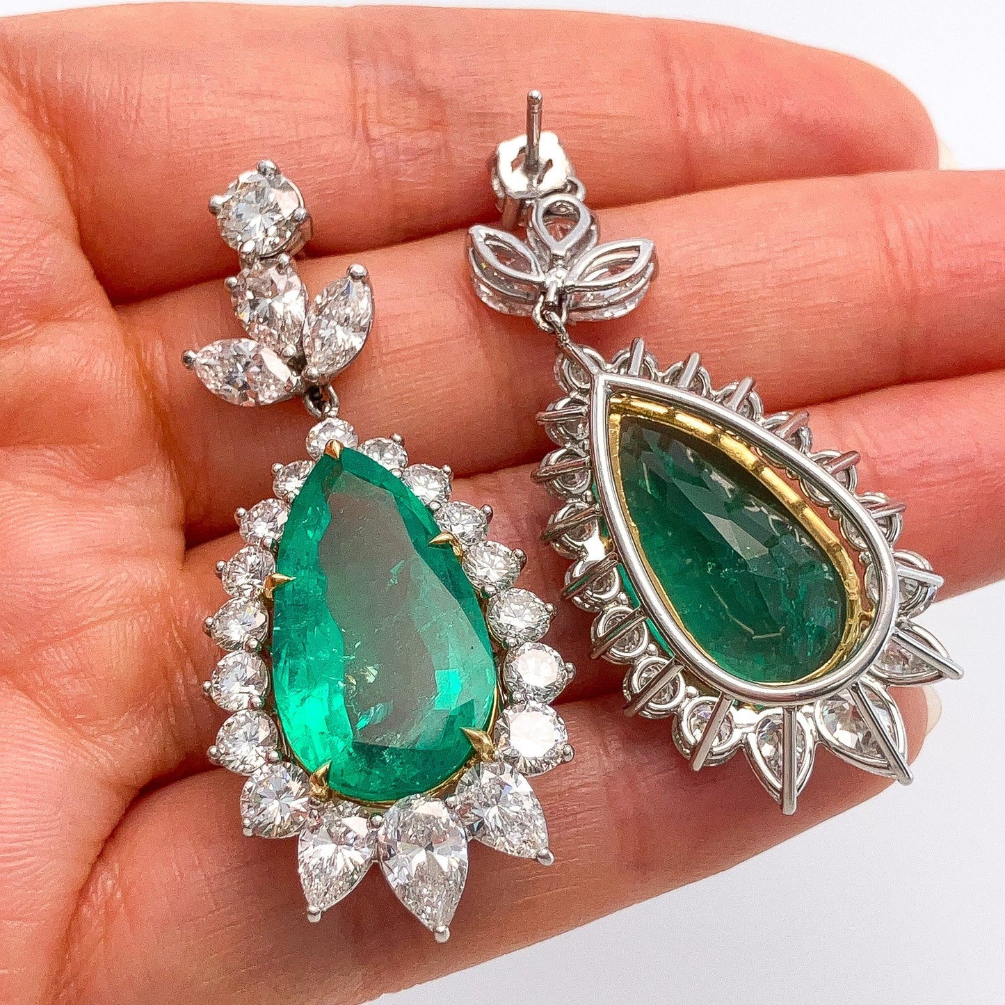 Vintage 21.20cts GIA Certified Colombian F2 Emerald & Diamond Cluster Earrings, 18k - Forever Rox