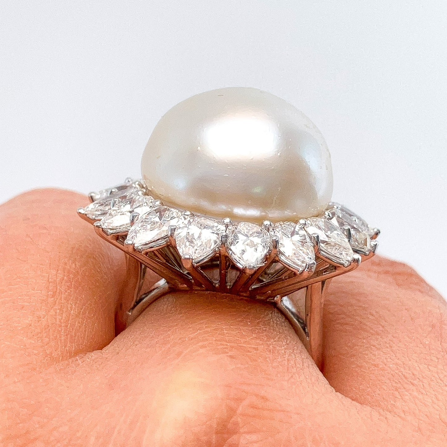 Vintage Pearl & Pearshape Diamond Cluster Ring, Platinum º - Forever Rox