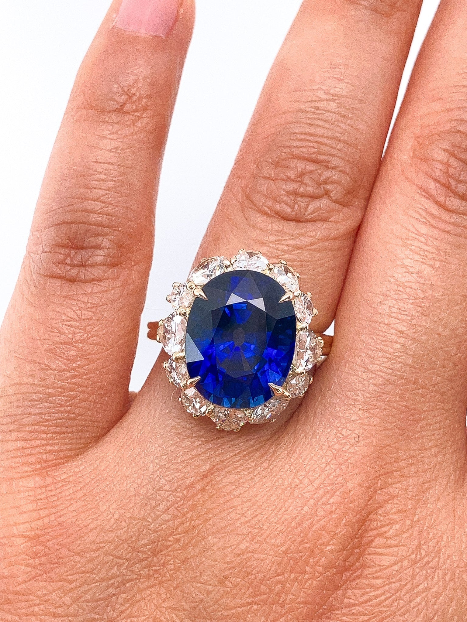 10.30ct SSEF Certified Sri Lanka Sapphire & Diamond Cluster Ring, 18k - Forever Rox