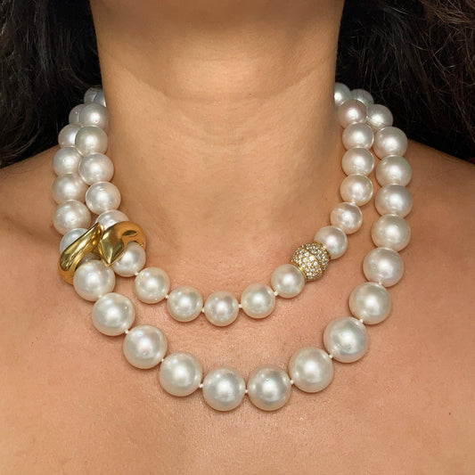 13 - 17.5mm South Sea Graduated Pearl Strand with Pave Diamond Clasp, 18k - Forever Rox