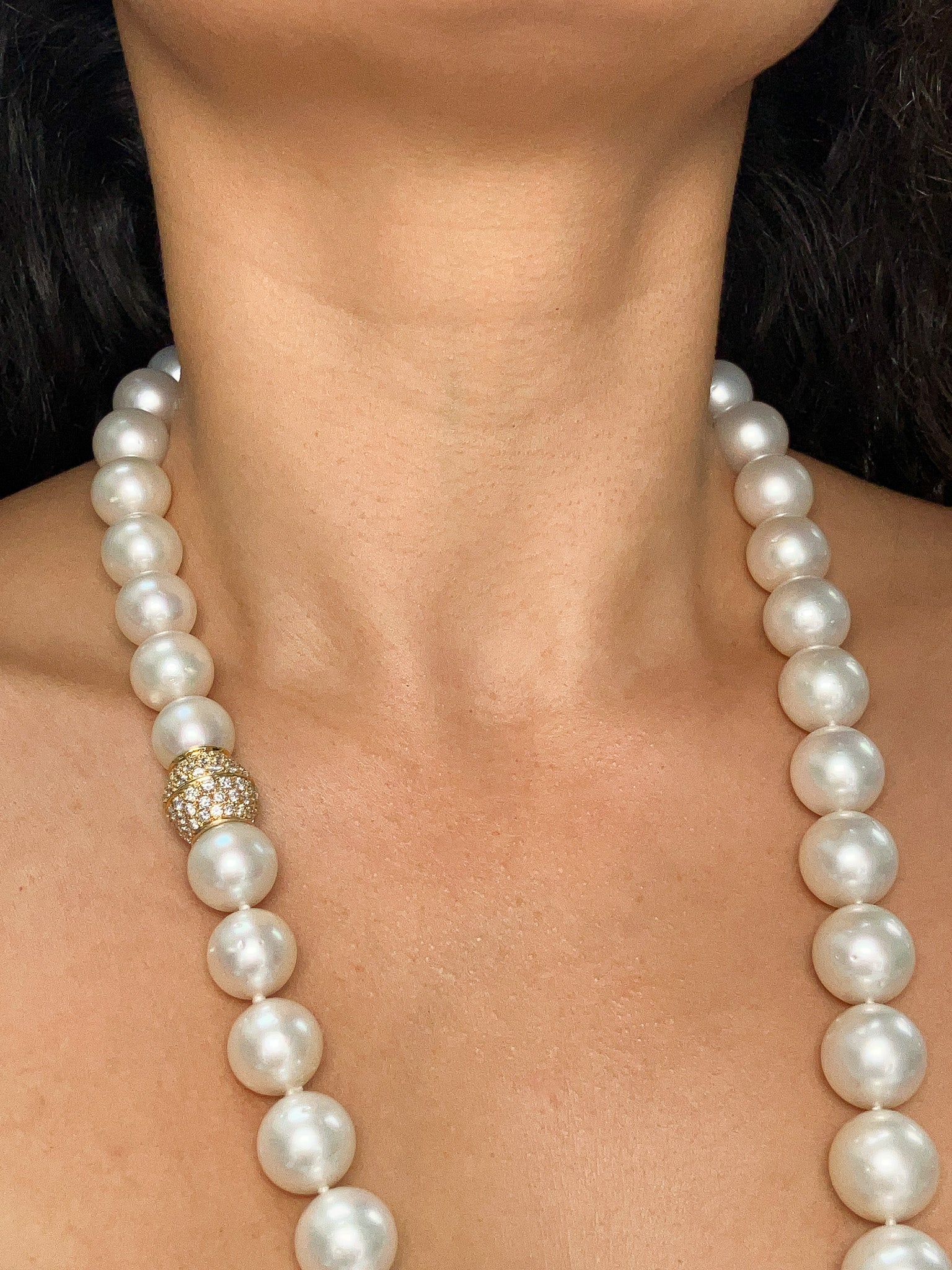 13 - 17.5mm South Sea Graduated Pearl Strand with Pave Diamond Clasp, 18k - Forever Rox