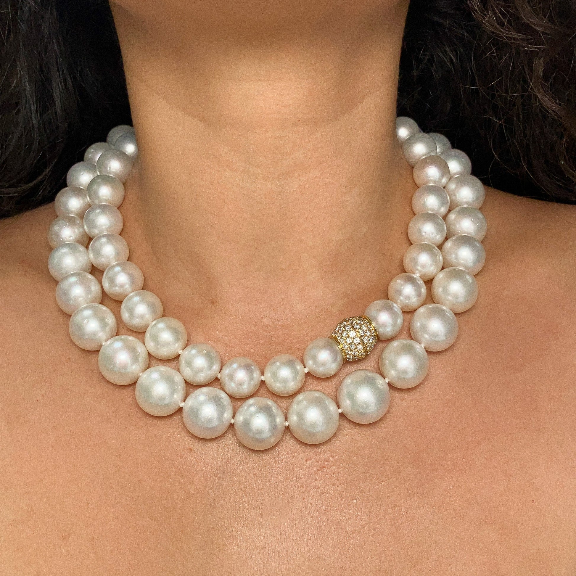 13 - 17.5mm South Sea Graduated Pearl Strand with Pave Diamond Clasp, 18k - Forever Rox