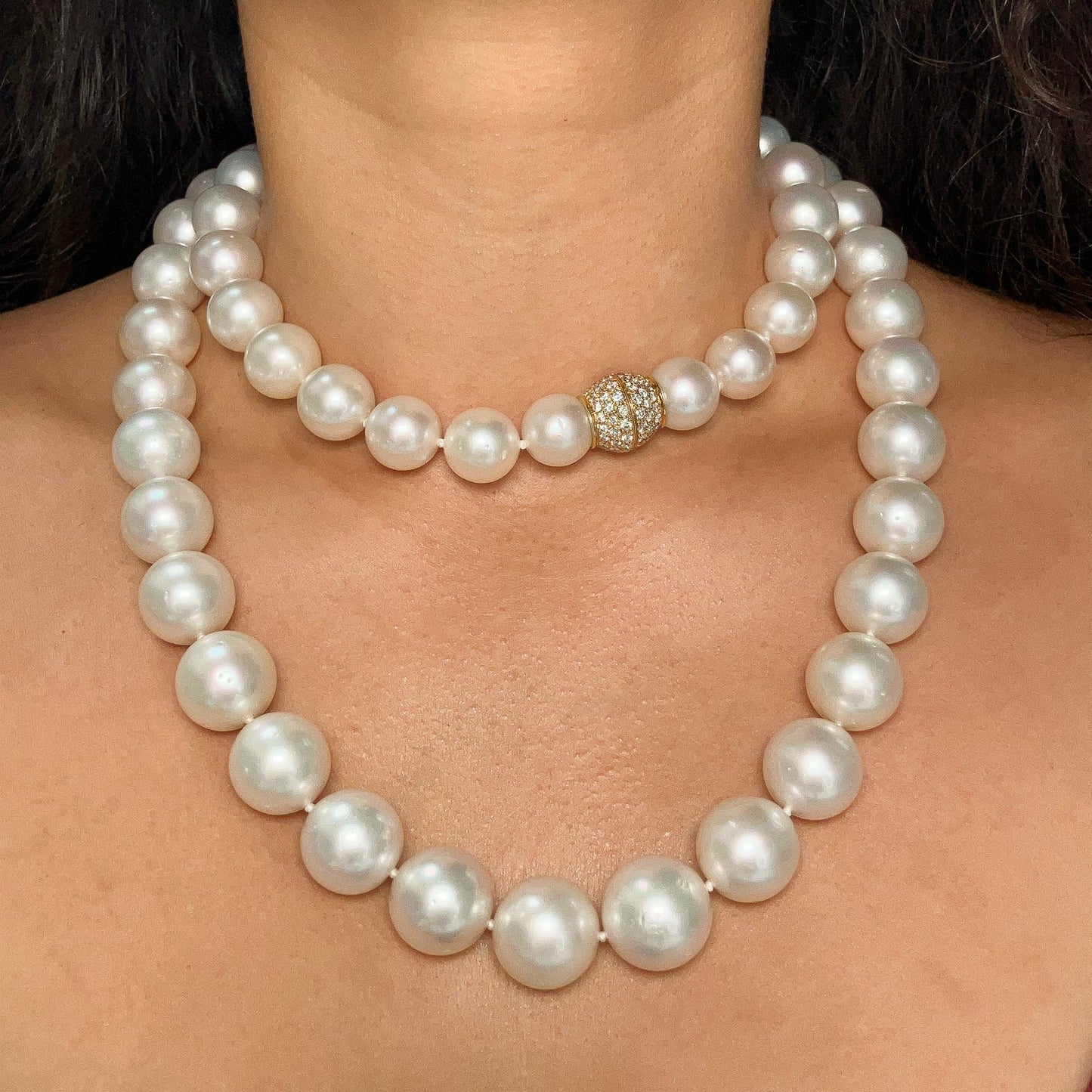 13 - 17.5mm South Sea Graduated Pearl Strand with Pave Diamond Clasp, 18k - Forever Rox