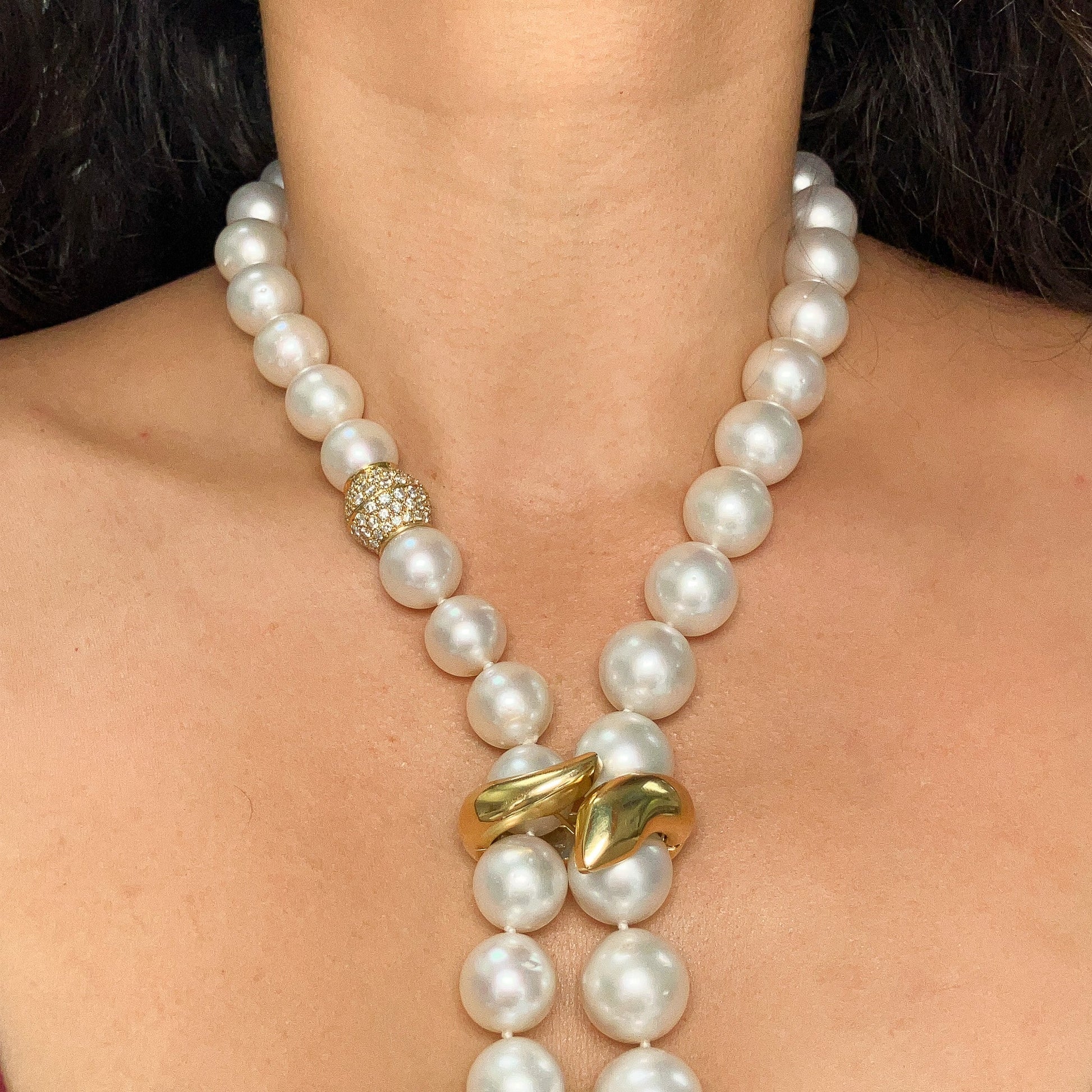 13 - 17.5mm South Sea Graduated Pearl Strand with Pave Diamond Clasp, 18k - Forever Rox