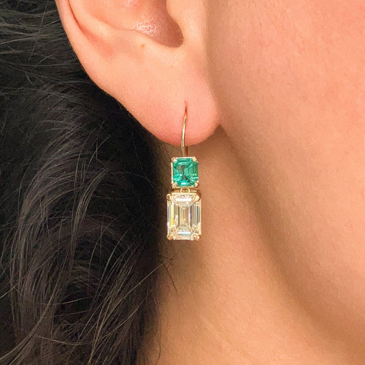 1.48cts Colombian Emerald + 5.01cts Emerald Cut Diamond Earrings, 18k - Forever Rox Fine Jewelry