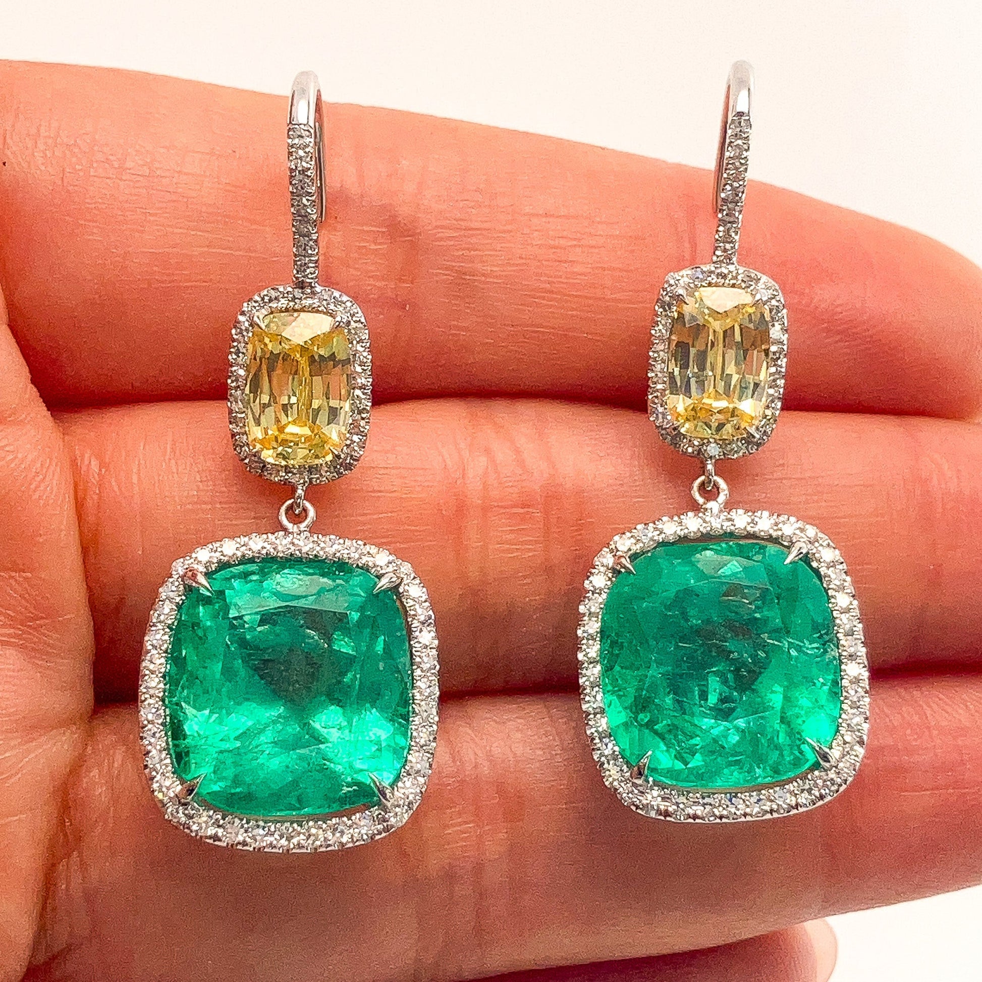 17.19cts Emerald & 4.76cts Yellow Sapphire Earrings with Pave Diamonds, 18k - Forever Rox
