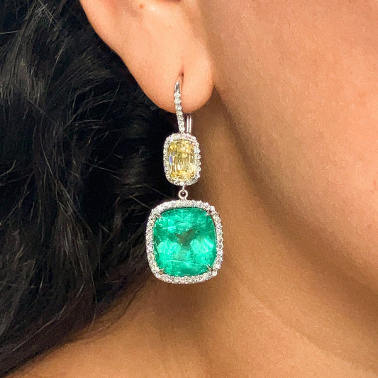 17.19cts Emerald & 4.76cts Yellow Sapphire Earrings with Pave Diamonds, 18k - Forever Rox