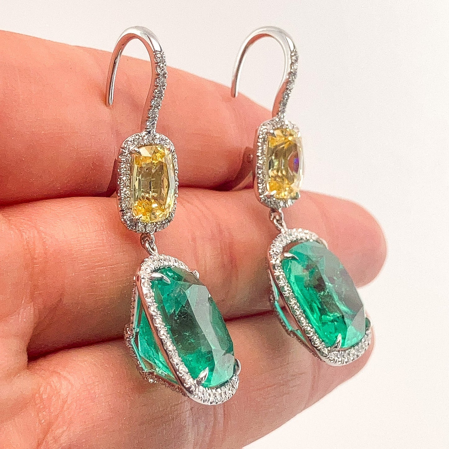 17.19cts Emerald & 4.76cts Yellow Sapphire Earrings with Pave Diamonds, 18k - Forever Rox