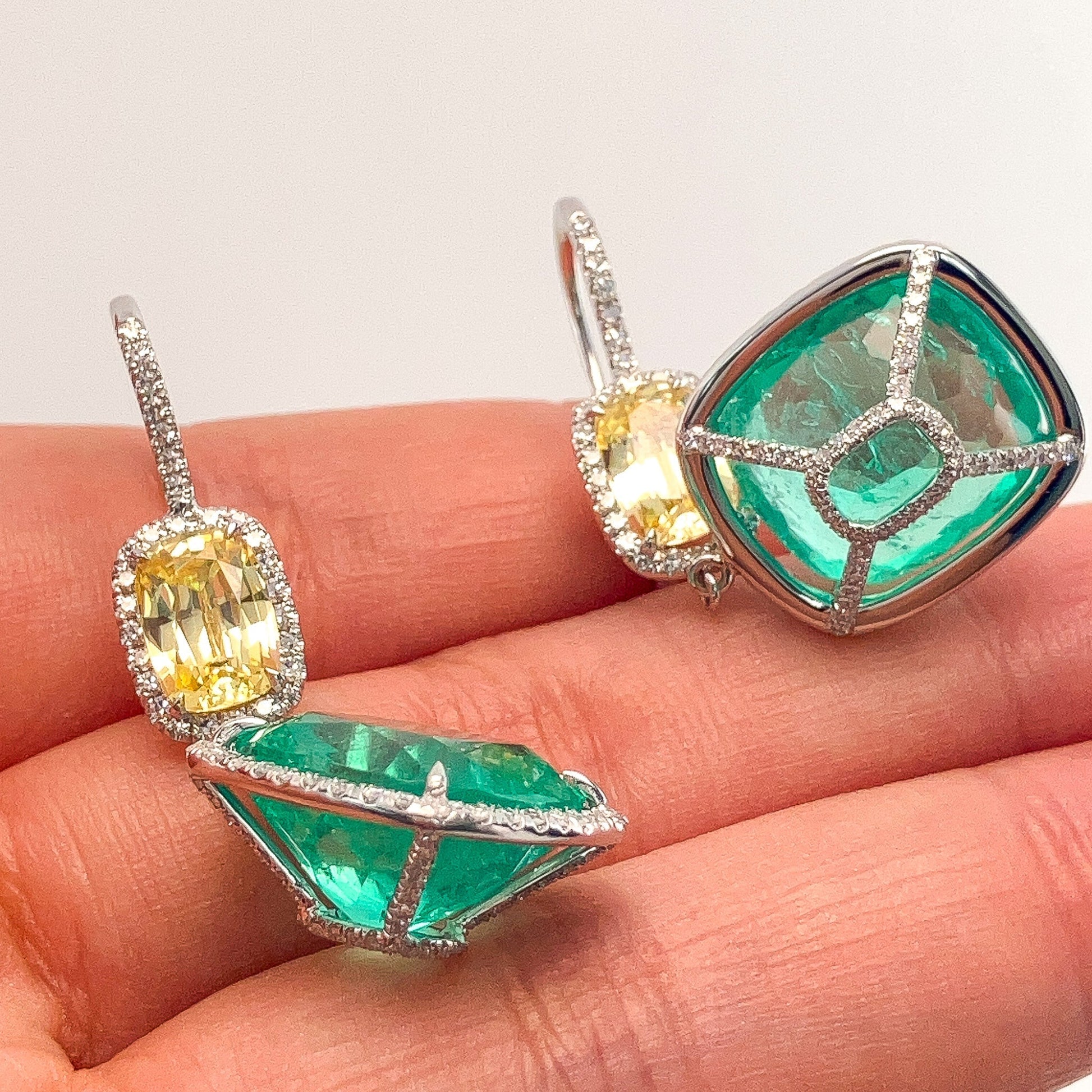 17.19cts Emerald & 4.76cts Yellow Sapphire Earrings with Pave Diamonds, 18k - Forever Rox