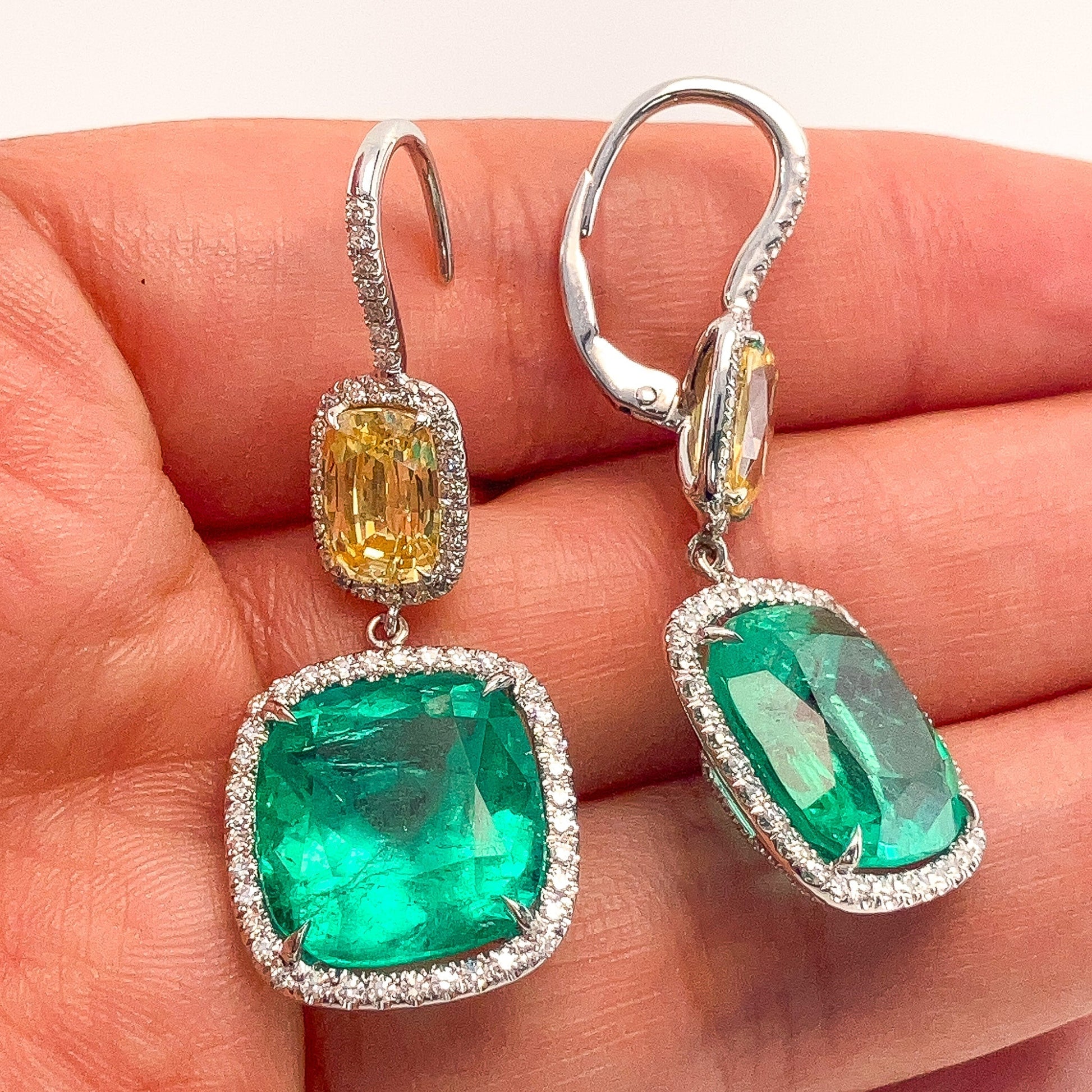 17.19cts Emerald & 4.76cts Yellow Sapphire Earrings with Pave Diamonds, 18k - Forever Rox