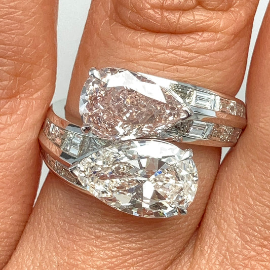 1.79ct Fancy Light Pink + 2.07ct G/VVS2 GIA Certified Pearshape Diamond Bypass Ring, Platinum - Forever Rox Fine Jewelry