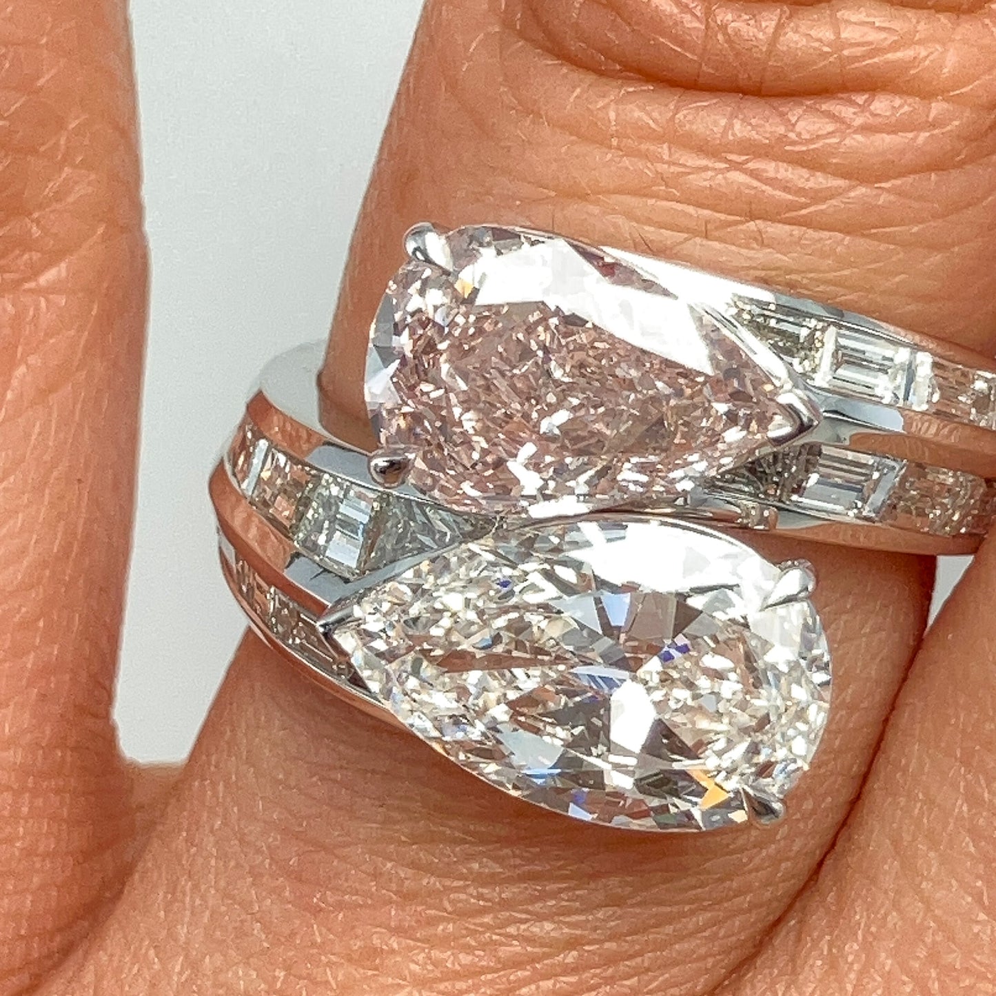 1.79ct Fancy Light Pink + 2.07ct G/VVS2 GIA Certified Pearshape Diamond Bypass Ring, Platinum - Forever Rox Fine Jewelry