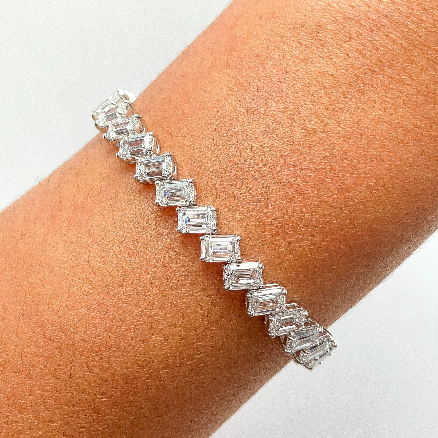 18.06cts GIA Certified DEF/VS+ Emerald Cut Diamond Diagonal Tennis Bracelet, 18k - Forever Rox Fine Jewelry