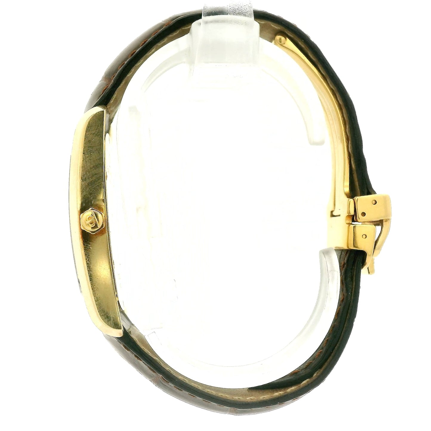 A Vintage Baume & Mercier watch with a 18k gold rectangular case, cream dial with 9, 12 & 3 displayed, the dial is stamped with a tiffany & Co., and dark brown leather strap, shown against a plain white background at Forever Rox Fine Jewelry, Lake Tahoes Best Jewelry Store