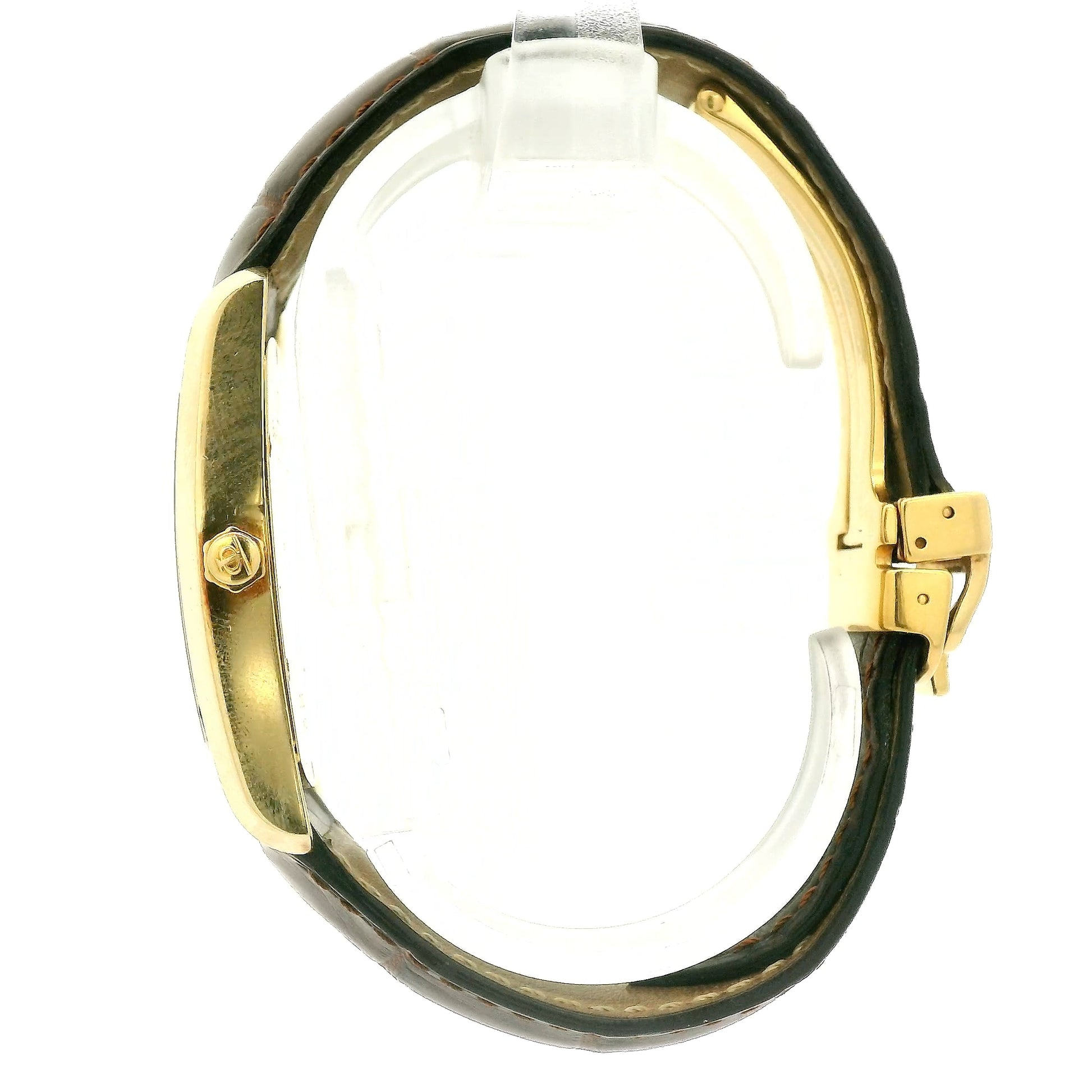 A Vintage Baume & Mercier watch with a 18k gold rectangular case, cream dial with 9, 12 & 3 displayed, the dial is stamped with a tiffany & Co., and dark brown leather strap, shown against a plain white background at Forever Rox Fine Jewelry, Lake Tahoes Best Jewelry Store