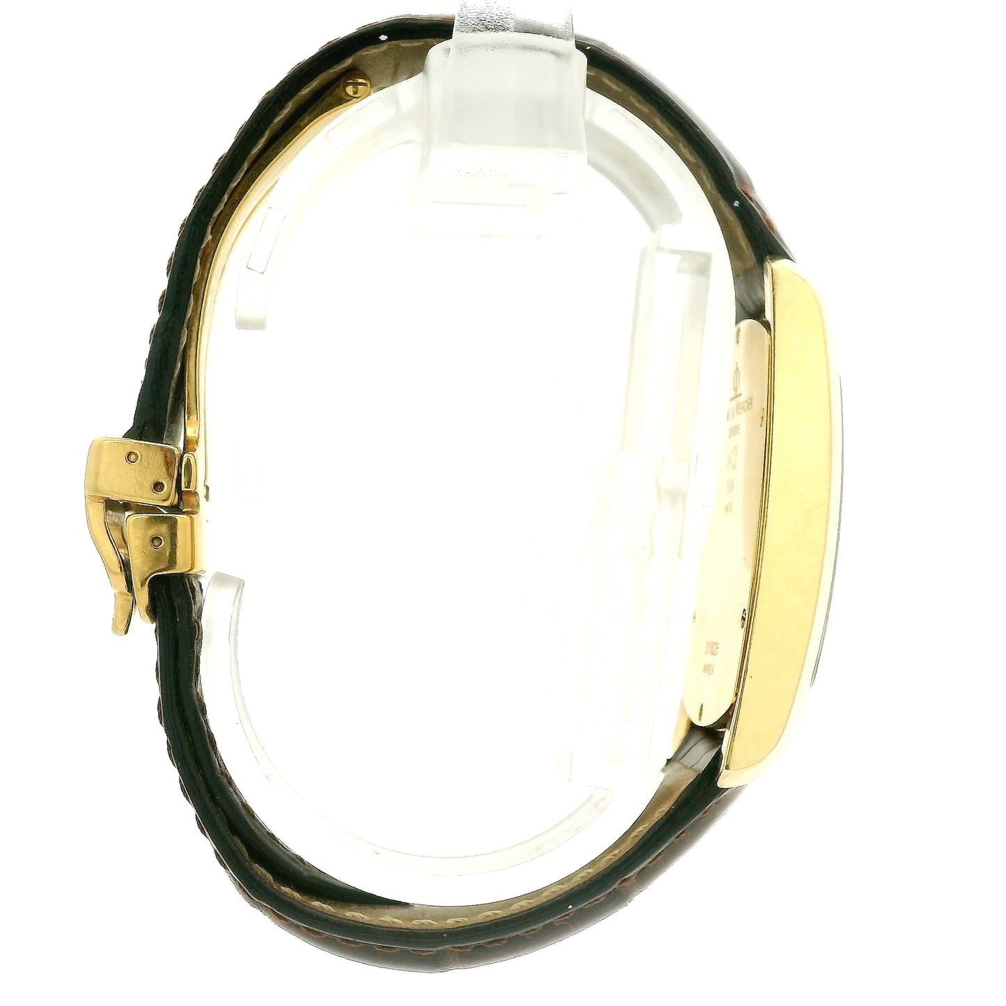A Vintage Baume & Mercier watch with a 18k gold rectangular case, cream dial with 9, 12 & 3 displayed, the dial is stamped with a tiffany & Co., and dark brown leather strap, shown against a plain white background at Forever Rox Fine Jewelry, Lake Tahoes Best Jewelry Store