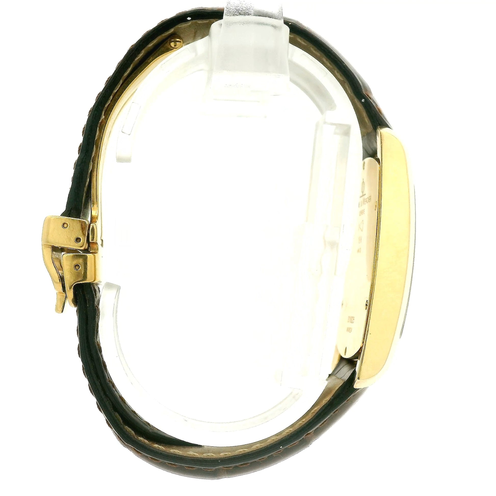 A Vintage Baume & Mercier watch with a 18k gold rectangular case, cream dial with 9, 12 & 3 displayed, the dial is stamped with a tiffany & Co., and dark brown leather strap, shown against a plain white background at Forever Rox Fine Jewelry, Lake Tahoes Best Jewelry Store