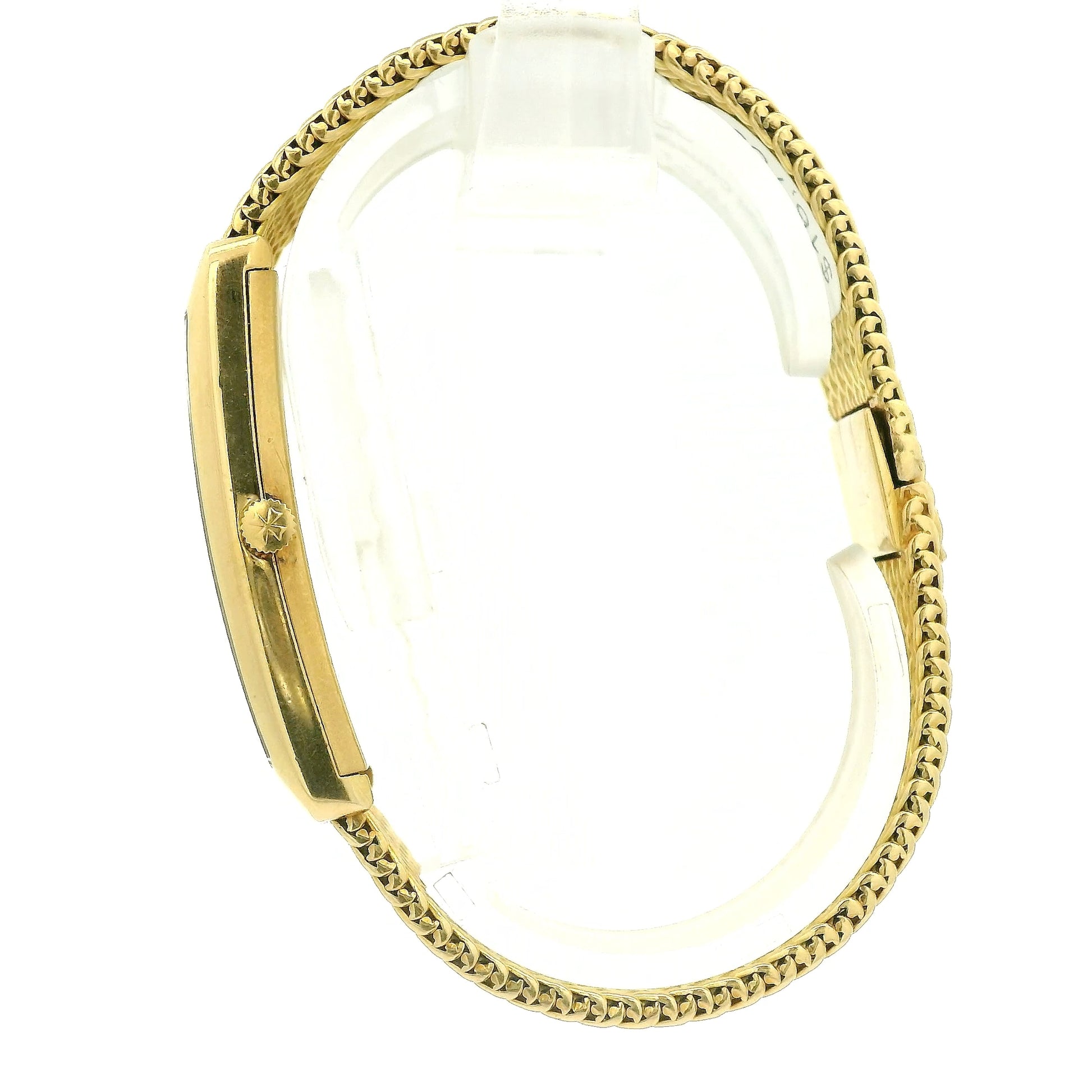 A vintage 18k yellow gold women's Vacheron Constantin watch with a rectangular bezel, gold dial, and a matching gold mesh bracelet, shown against a plain white background at Forever Rox Fine Jewelry, Lake Tahoes Best Jewelry Store