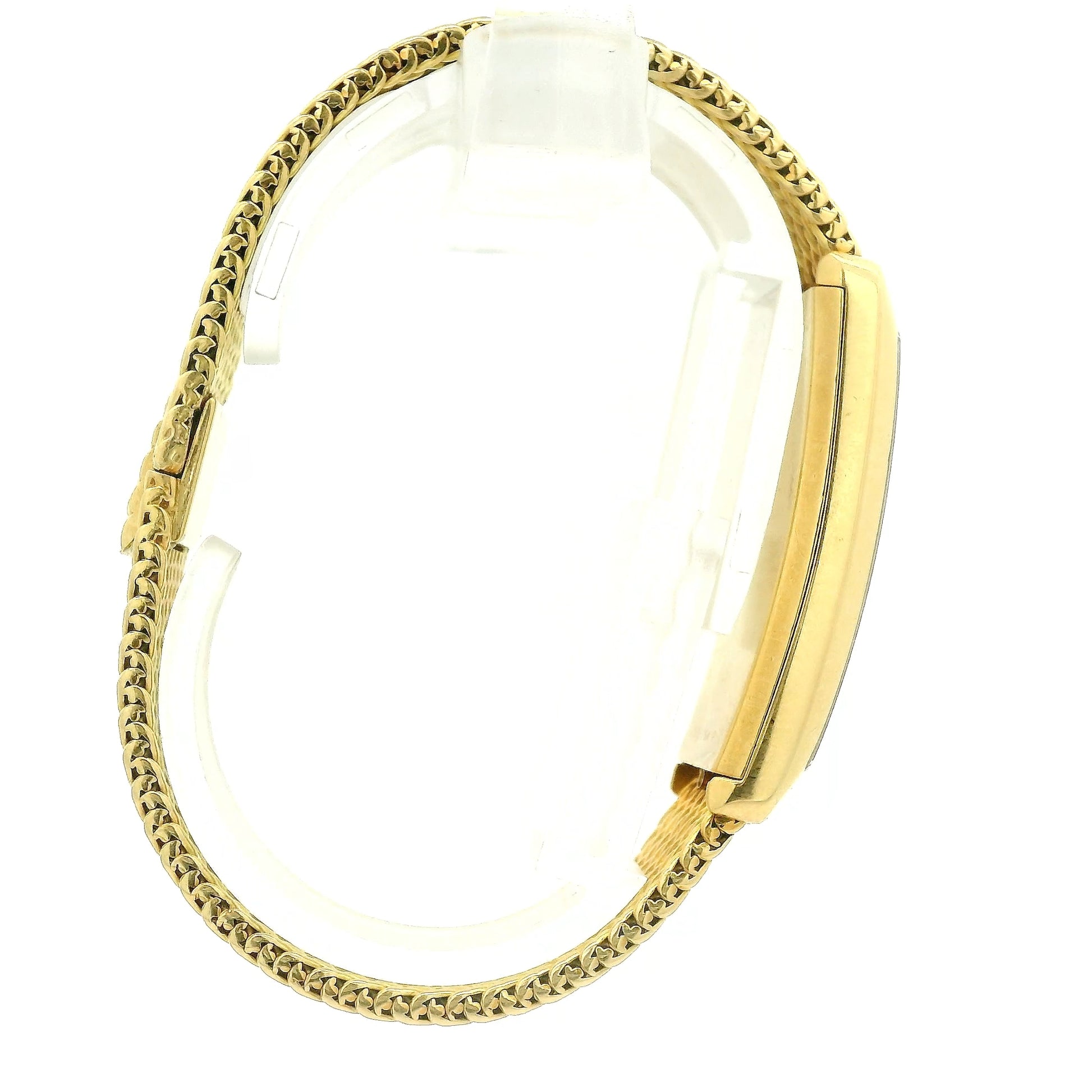 A vintage 18k yellow gold women's Vacheron Constantin watch with a rectangular bezel, gold dial, and a matching gold mesh bracelet, shown against a plain white background at Forever Rox Fine Jewelry, Lake Tahoes Best Jewelry Store
