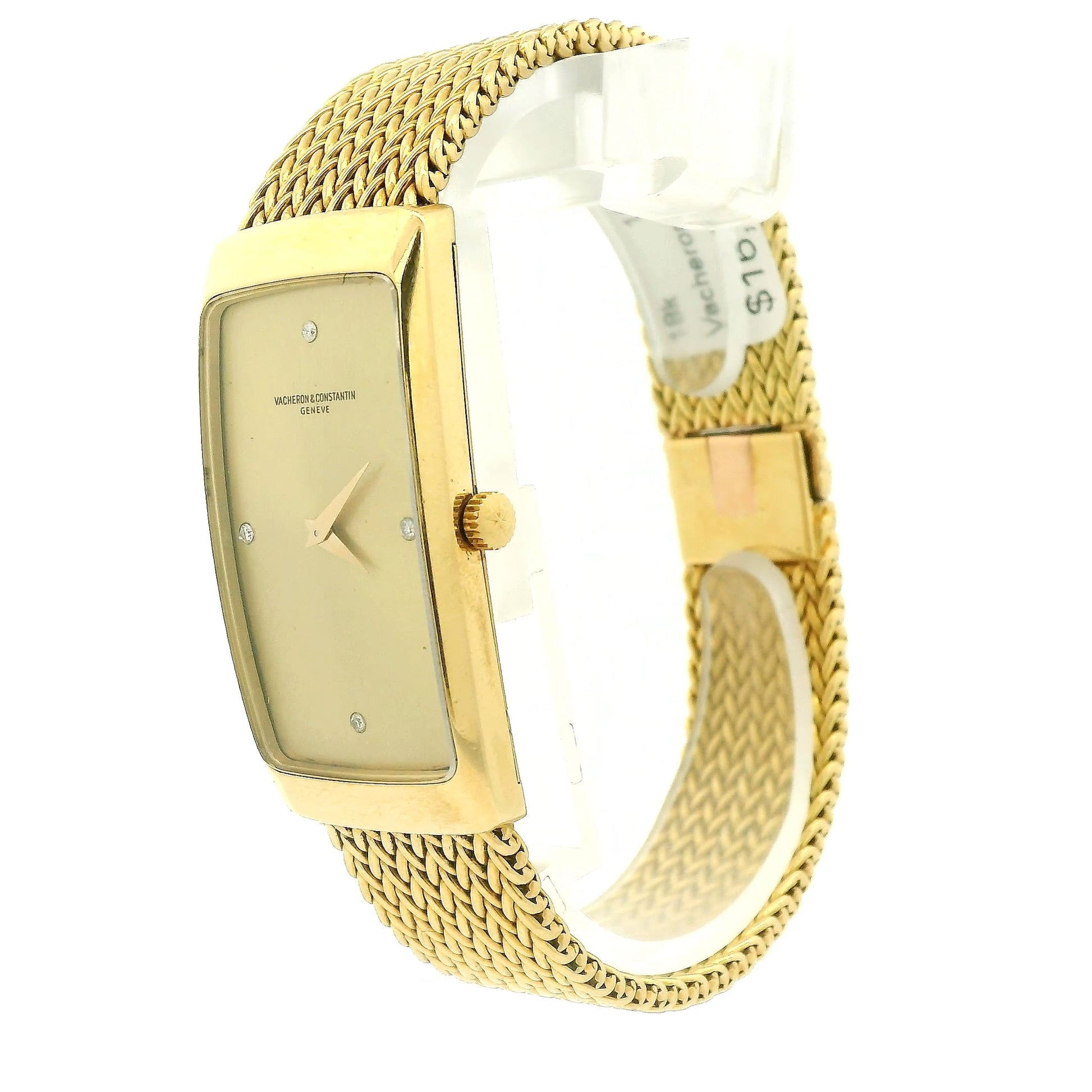 A vintage 18k yellow gold women's Vacheron Constantin watch with a rectangular bezel, gold dial, and a matching gold mesh bracelet, shown against a plain white background at Forever Rox Fine Jewelry, Lake Tahoes Best Jewelry Store