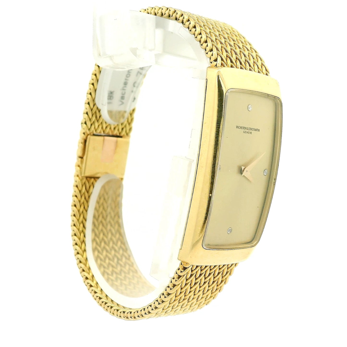 A vintage 18k yellow gold women's Vacheron Constantin watch with a rectangular bezel, gold dial, and a matching gold mesh bracelet, shown against a plain white background at Forever Rox Fine Jewelry, Lake Tahoes Best Jewelry Store